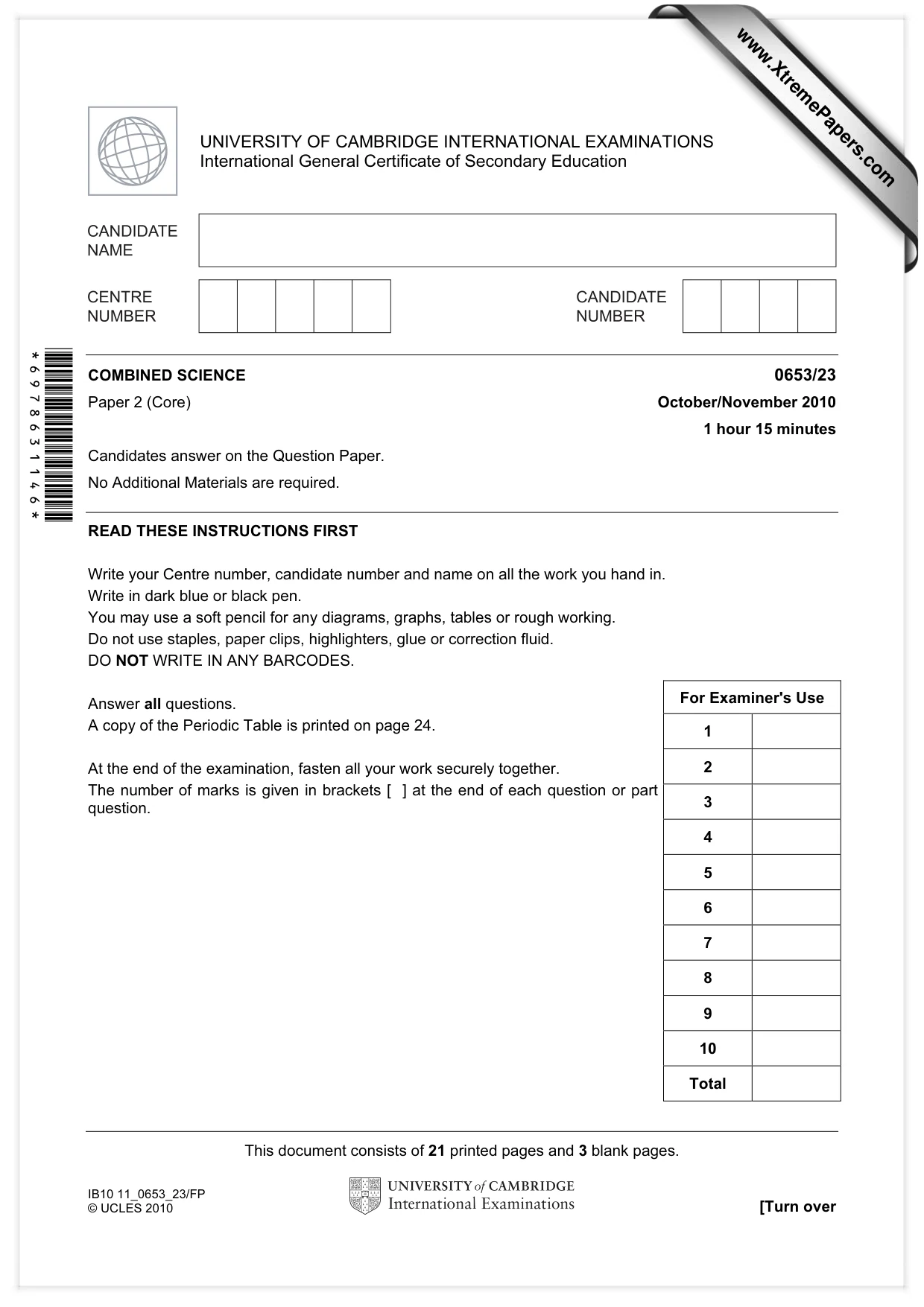 Cambridge IGCSE Science - Combined 0653 2010 Oct/Nov Paper 2 · Variant 3 question paper, page 1 of 24