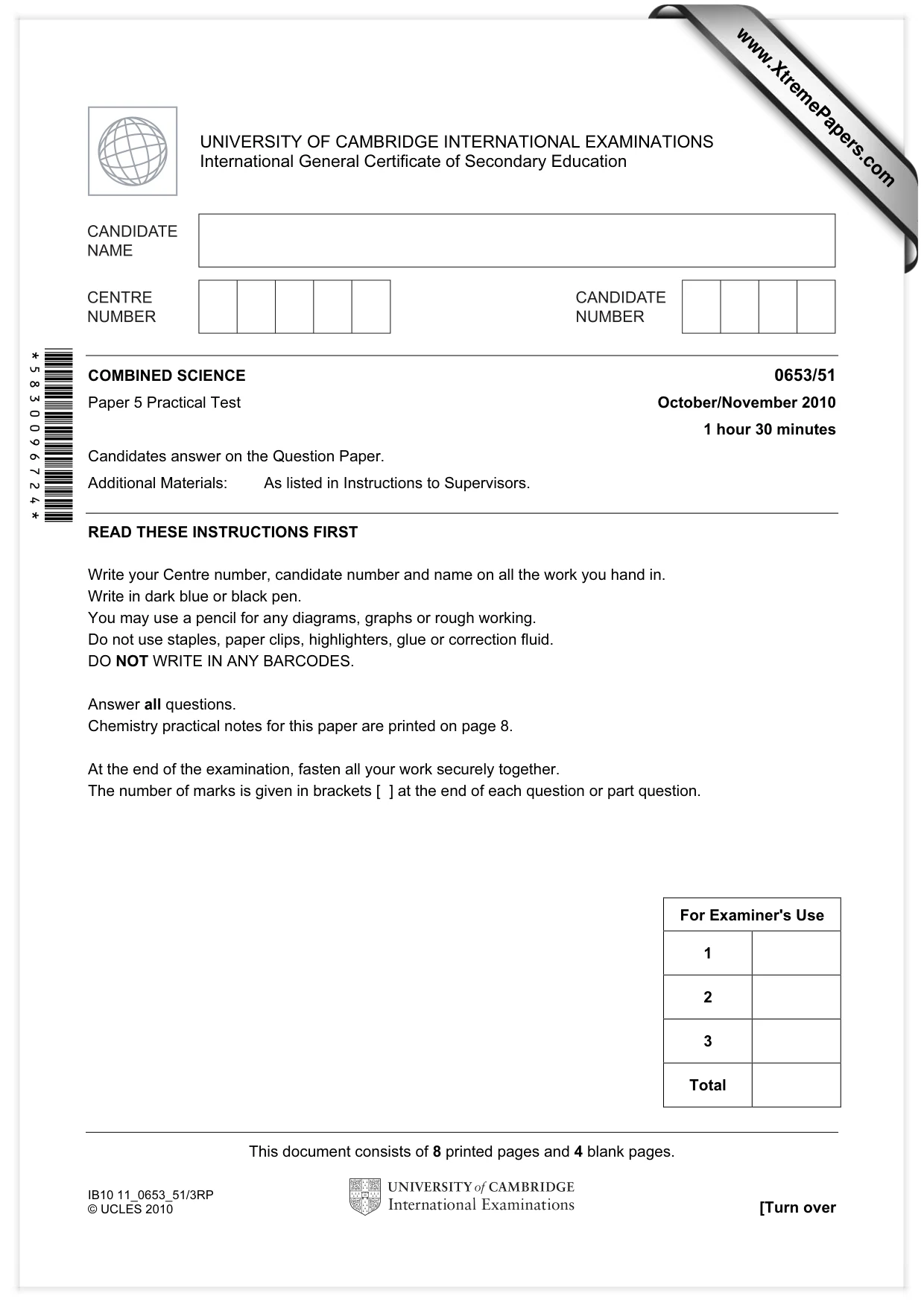 Cambridge IGCSE Science - Combined 0653 2010 Oct/Nov Paper 5 · Variant 1 question paper, page 1 of 12