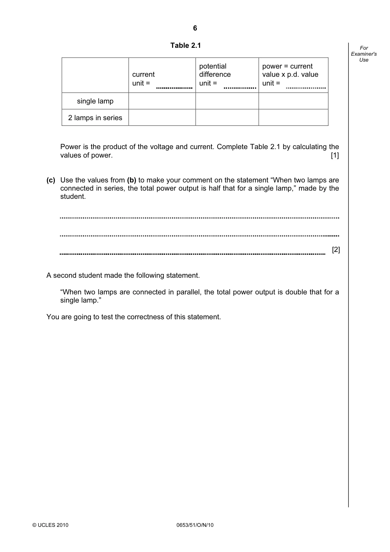 Cambridge IGCSE Science - Combined 0653 2010 Oct/Nov Paper 5 · Variant 1 question paper, page 6 of 12