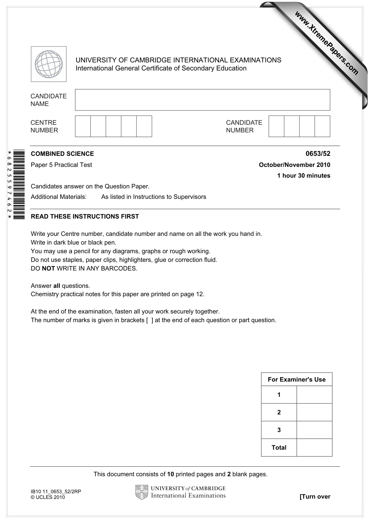 Cambridge IGCSE Science - Combined 0653 2010 Oct/Nov Paper 5 · Variant 2 question paper, page 1 of 12