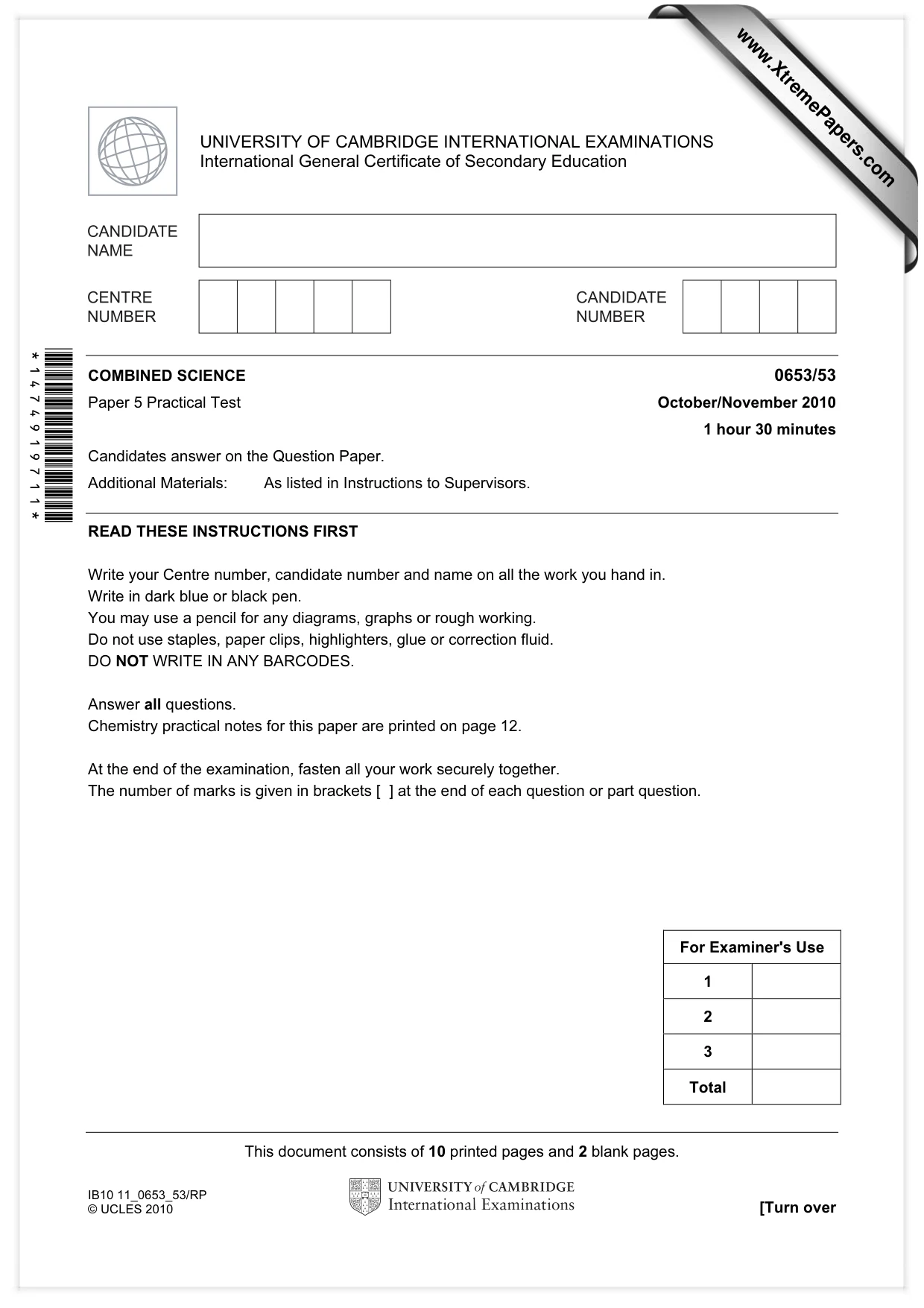 Cambridge IGCSE Science - Combined 0653 2010 Oct/Nov Paper 5 · Variant 3 question paper, page 1 of 12