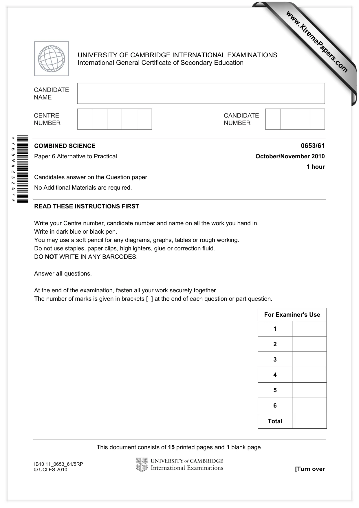 Cambridge IGCSE Science - Combined 0653 2010 Oct/Nov Paper 6 · Variant 1 question paper, page 1 of 16