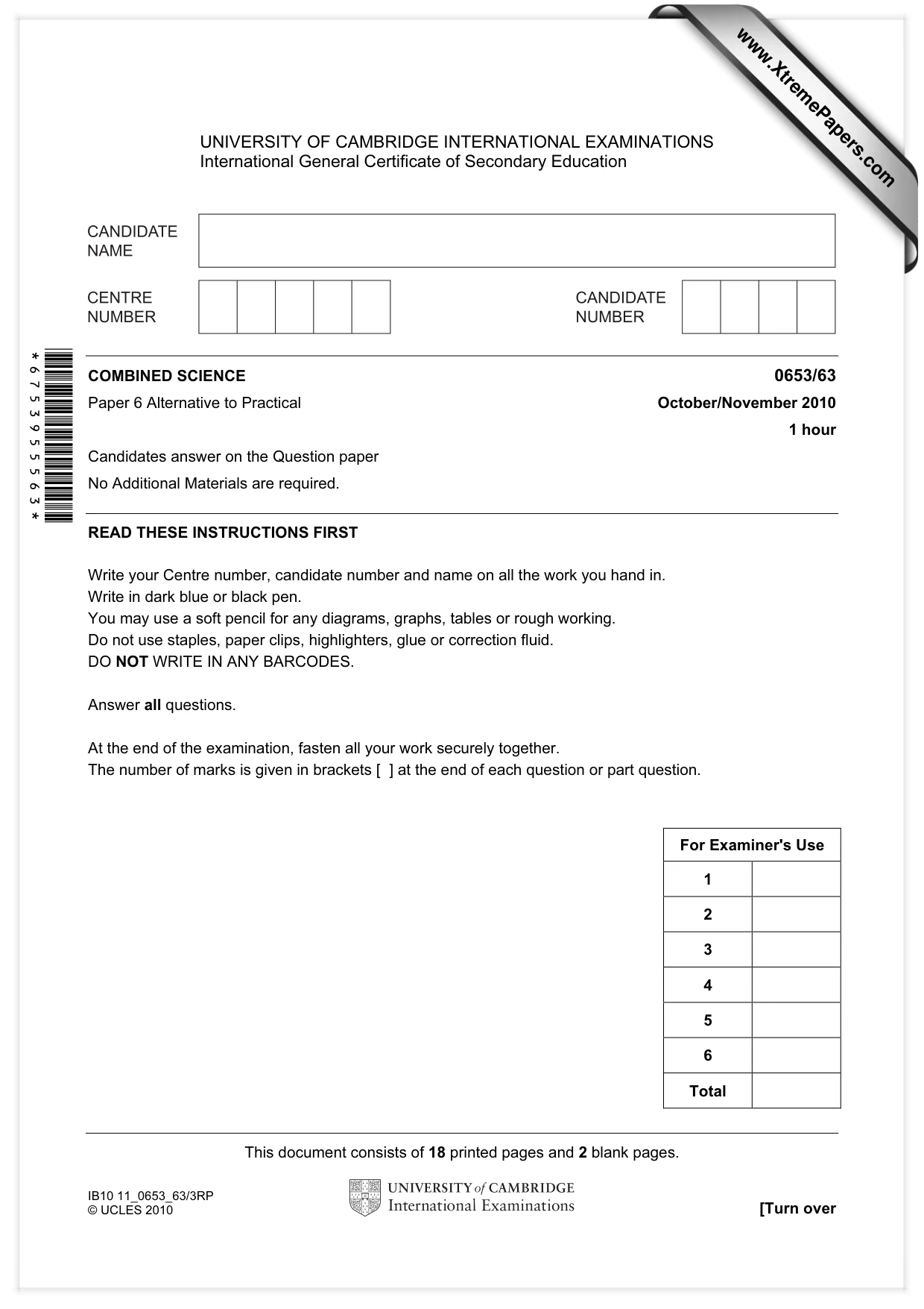 Cambridge IGCSE Science - Combined 0653 2010 Oct/Nov Paper 6 · Variant 3 question paper, page 1 of 20