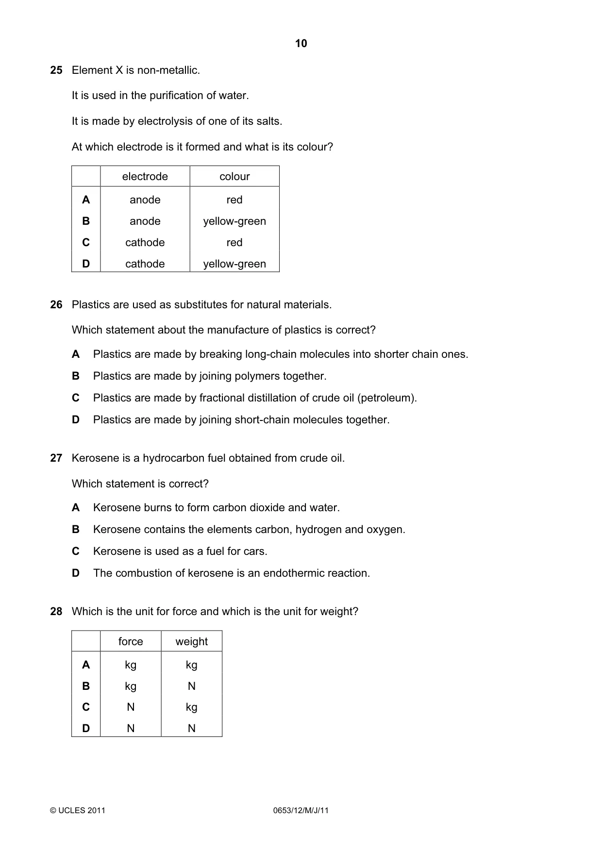 Cambridge IGCSE Science - Combined 0653 2011 May/June Paper 1 · Variant 2 question paper, page 10 of 16