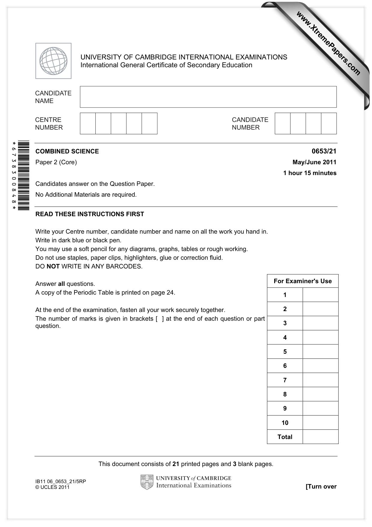 Cambridge IGCSE Science - Combined 0653 2011 May/June Paper 2 · Variant 1 question paper, page 1 of 24