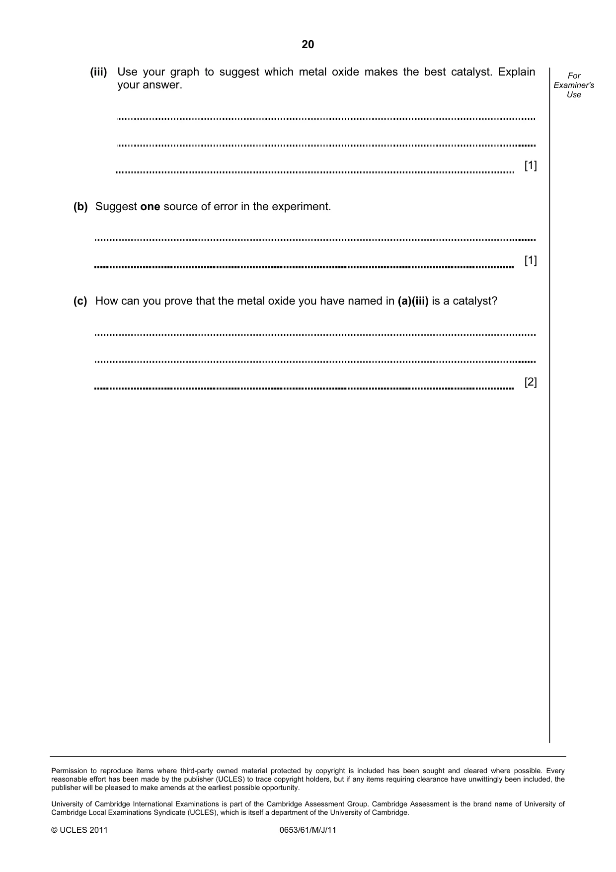Cambridge IGCSE Science - Combined 0653 2011 May/June Paper 6 · Variant 1 question paper, page 20 of 20