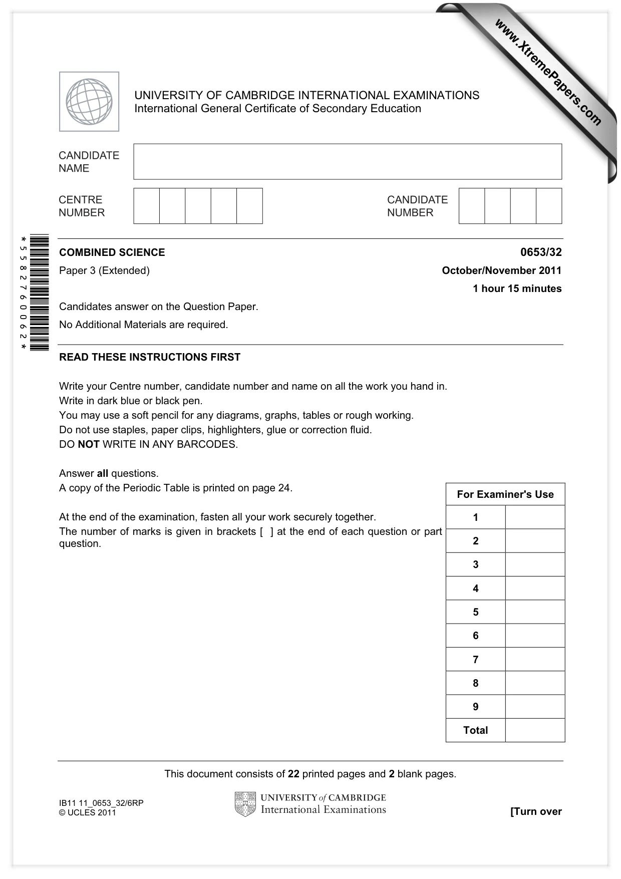 Cambridge IGCSE Science - Combined 0653 2011 Oct/Nov Paper 3 · Variant 2 question paper, page 1 of 24