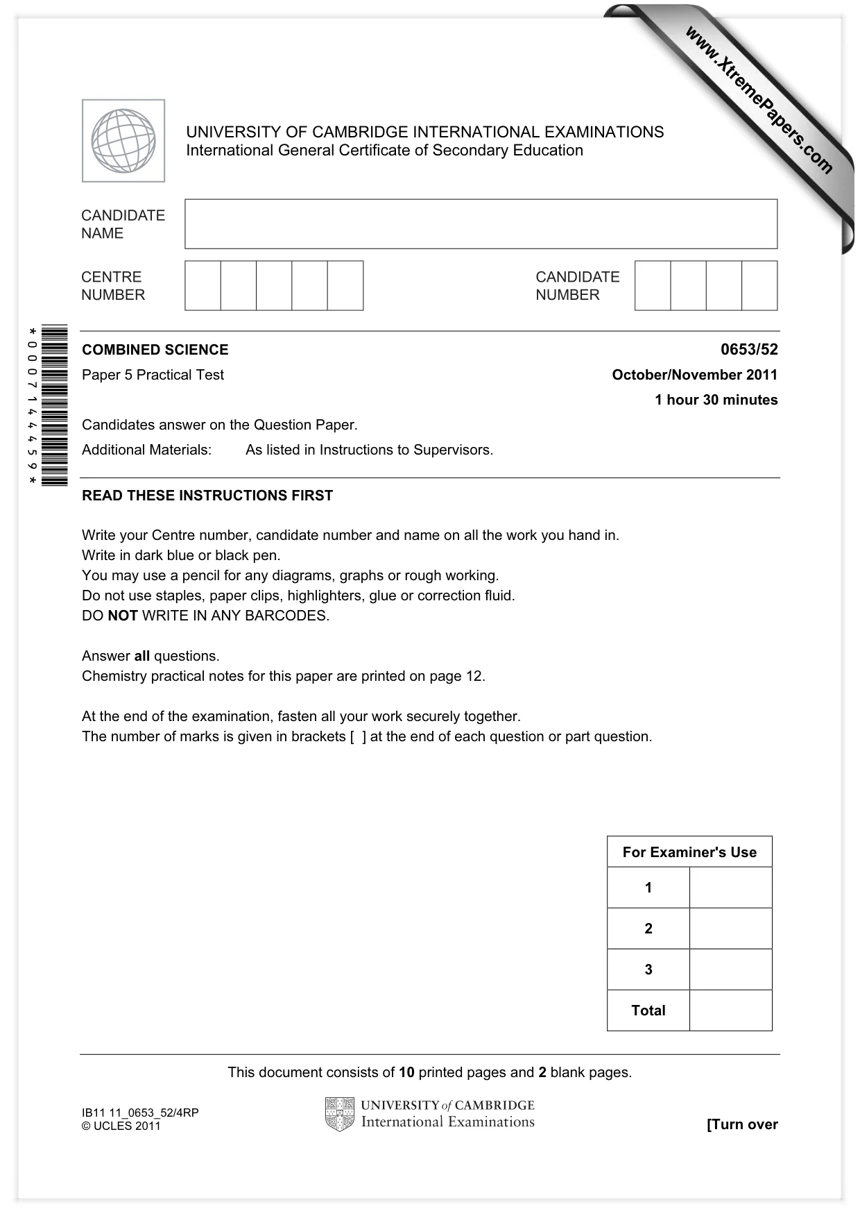Cambridge IGCSE Science - Combined 0653 2011 Oct/Nov Paper 5 · Variant 2 question paper, page 1 of 12