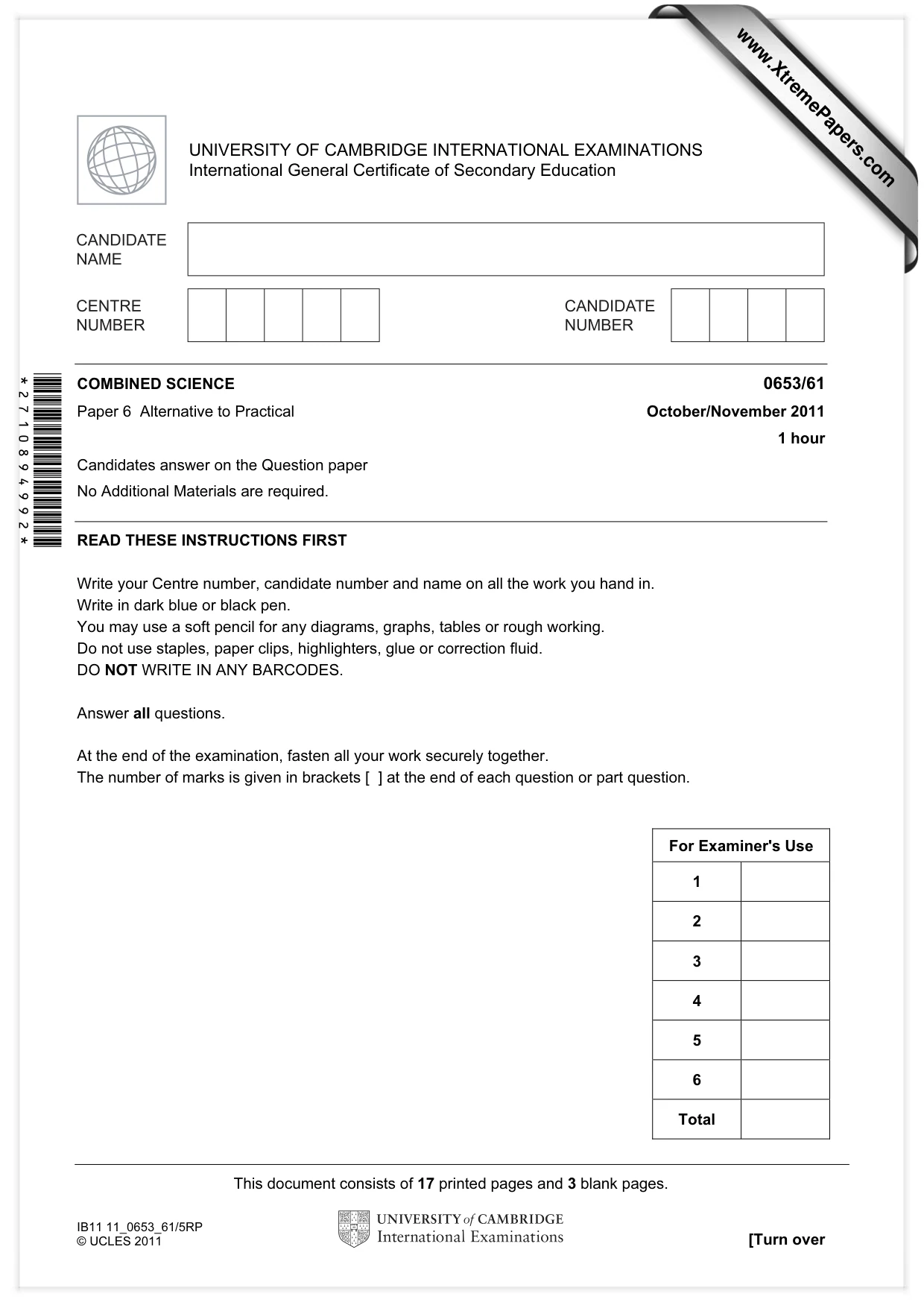 Cambridge IGCSE Science - Combined 0653 2011 Oct/Nov Paper 6 · Variant 1 question paper, page 1 of 20