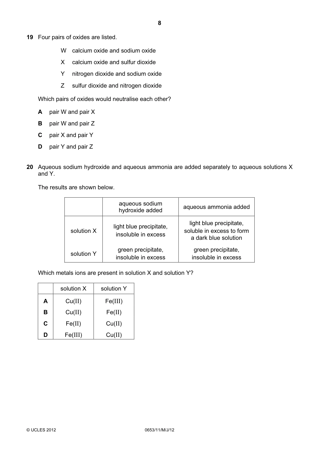 Cambridge IGCSE Science - Combined 0653 2012 May/June Paper 1 · Variant 1 question paper, page 8 of 20