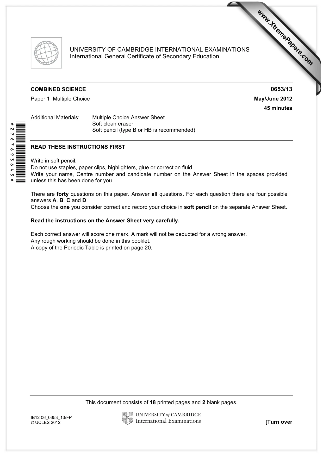 Cambridge IGCSE Science - Combined 0653 2012 May/June Paper 1 · Variant 3 question paper, page 1 of 20