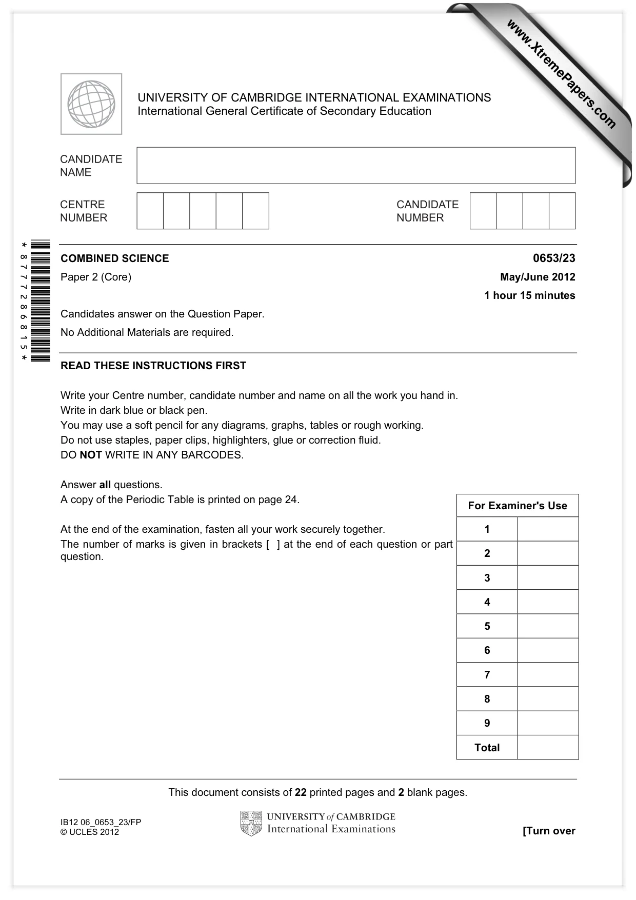 Cambridge IGCSE Science - Combined 0653 2012 May/June Paper 2 · Variant 3 question paper, page 1 of 24