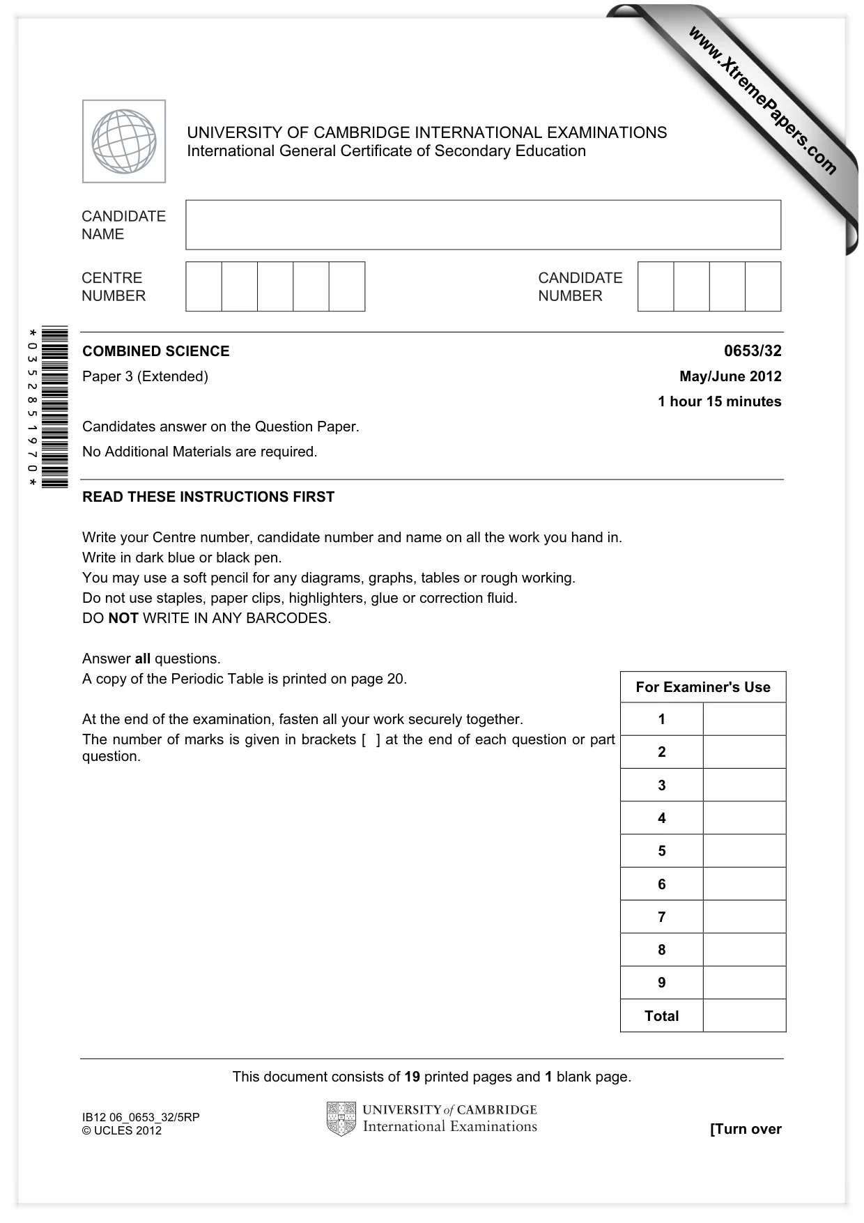 Cambridge IGCSE Science - Combined 0653 2012 May/June Paper 3 · Variant 2 question paper, page 1 of 20