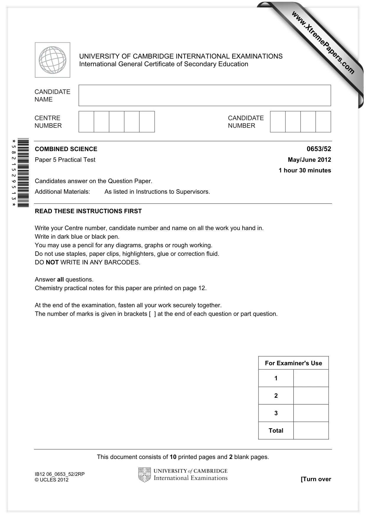 Cambridge IGCSE Science - Combined 0653 2012 May/June Paper 5 · Variant 2 question paper, page 1 of 12
