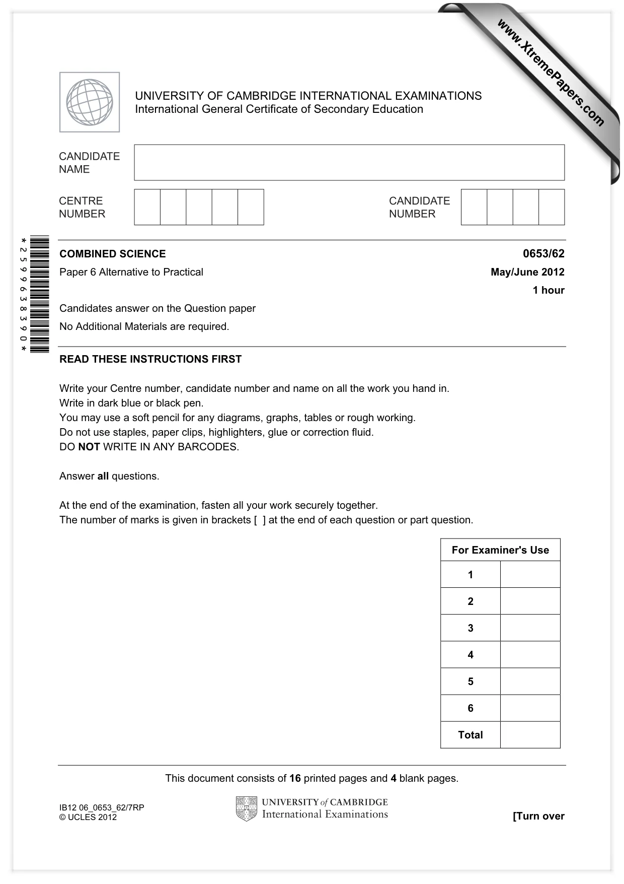 Cambridge IGCSE Science - Combined 0653 2012 May/June Paper 6 · Variant 2 question paper, page 1 of 20