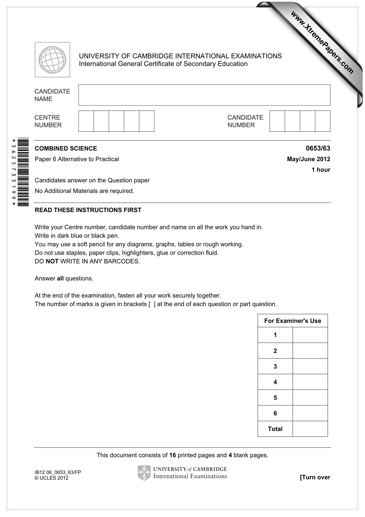 Cambridge IGCSE Science - Combined 0653 2012 May/June Paper 6 · Variant 3 question paper, page 1 of 20