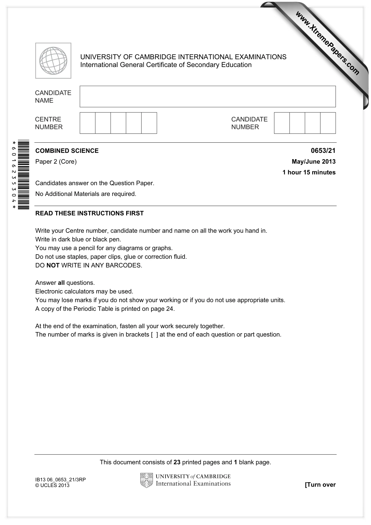 Cambridge IGCSE Science - Combined 0653 2013 May/June Paper 2 · Variant 1 question paper, page 1 of 24