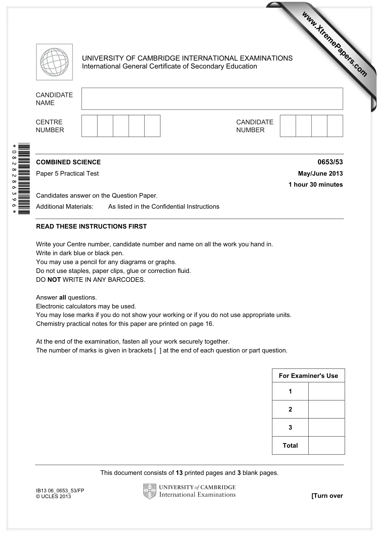 Cambridge IGCSE Science - Combined 0653 2013 May/June Paper 5 · Variant 3 question paper, page 1 of 16