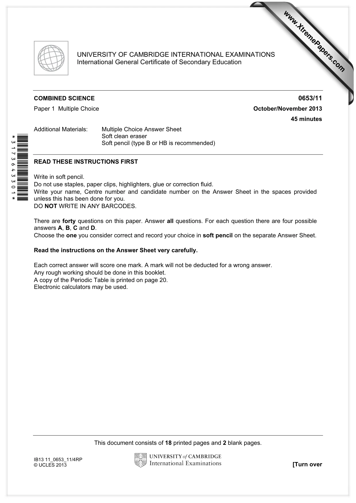 Cambridge IGCSE Science - Combined 0653 2013 Oct/Nov Paper 1 · Variant 1 question paper, page 1 of 20