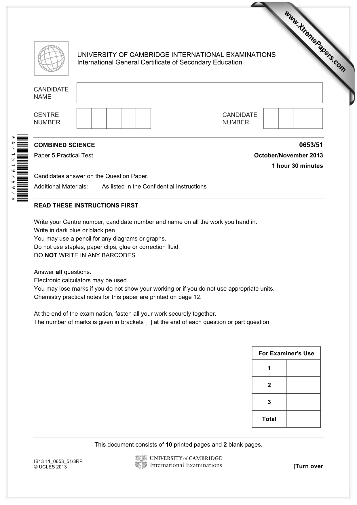 Cambridge IGCSE Science - Combined 0653 2013 Oct/Nov Paper 5 · Variant 1 question paper, page 1 of 12