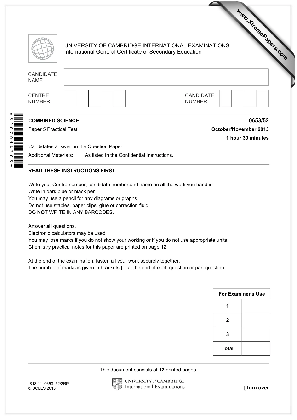 Cambridge IGCSE Science - Combined 0653 2013 Oct/Nov Paper 5 · Variant 2 question paper, page 1 of 12
