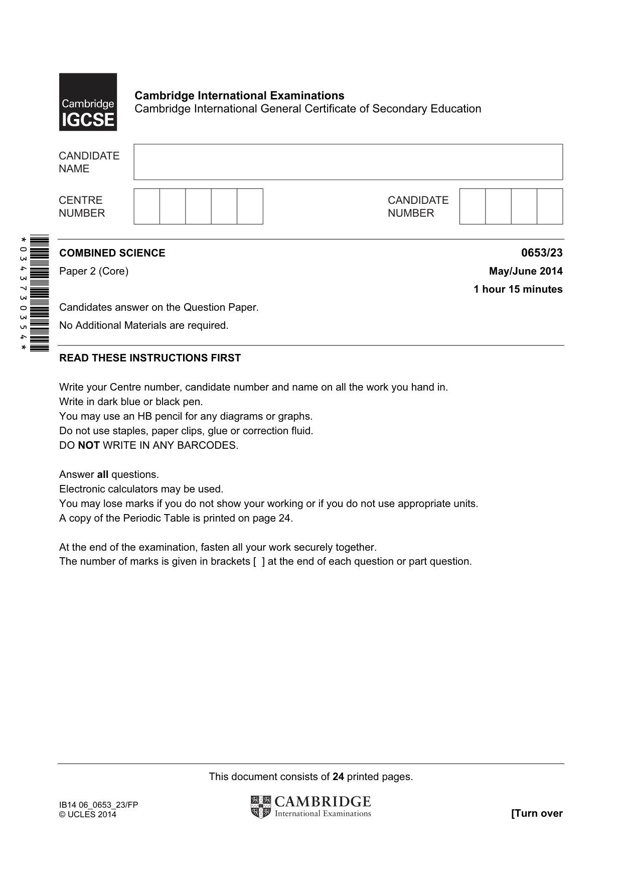 Cambridge IGCSE Science - Combined 0653 2014 May/June Paper 2 · Variant 3 question paper, page 1 of 24