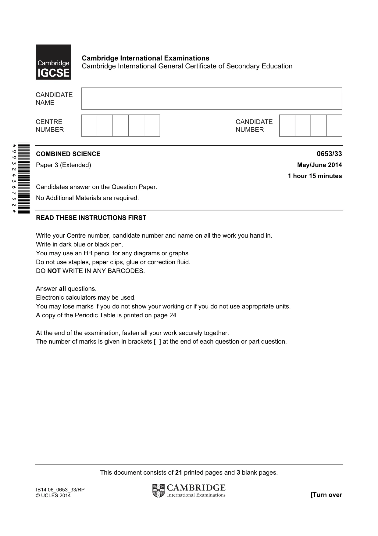 Cambridge IGCSE Science - Combined 0653 2014 May/June Paper 3 · Variant 3 question paper, page 1 of 24
