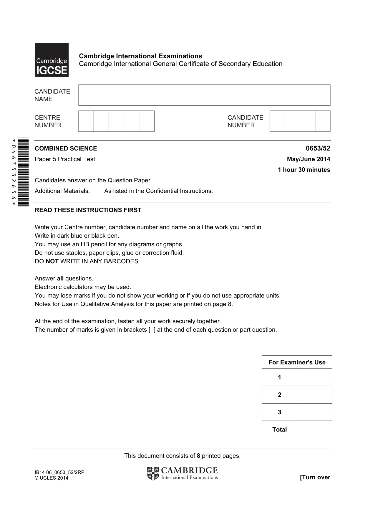 Cambridge IGCSE Science - Combined 0653 2014 May/June Paper 5 · Variant 2 question paper, page 1 of 8