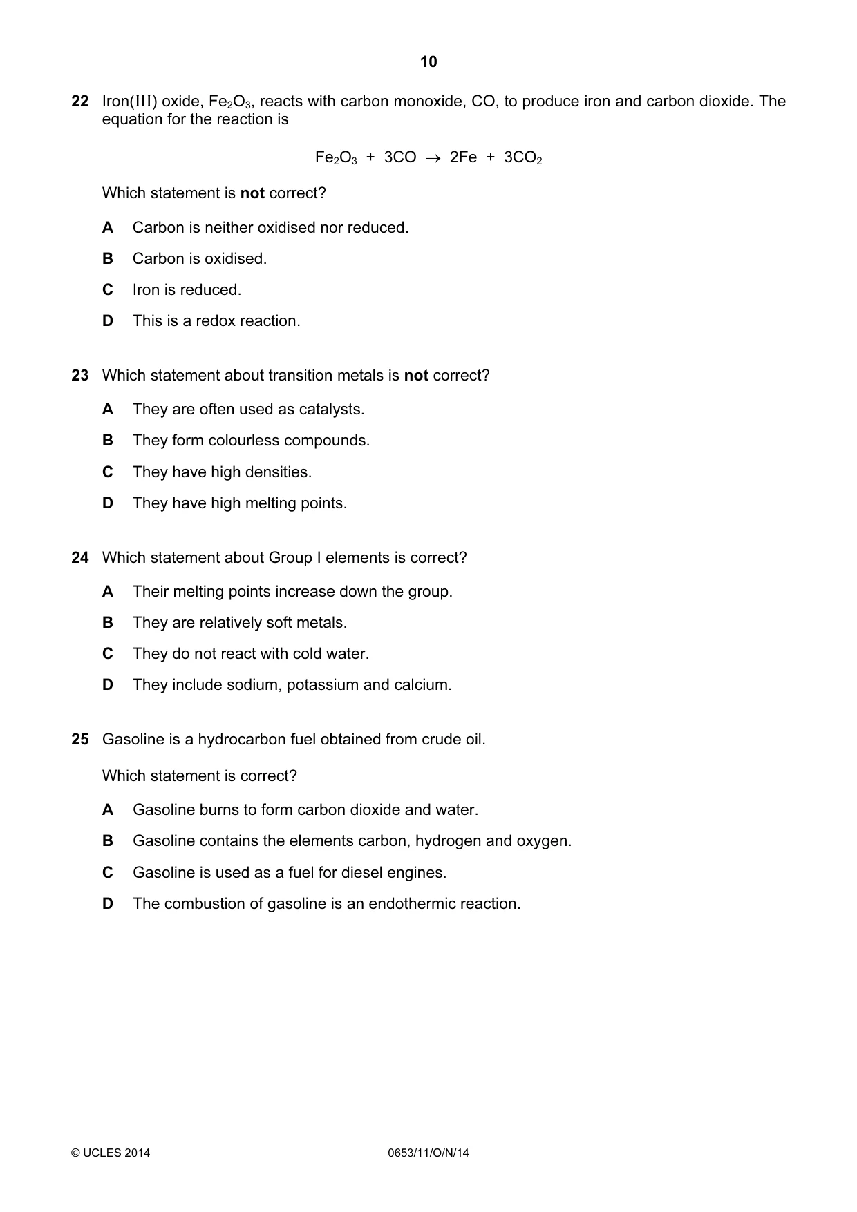 Cambridge IGCSE Science - Combined 0653 2014 Oct/Nov Paper 1 · Variant 1 question paper, page 10 of 20
