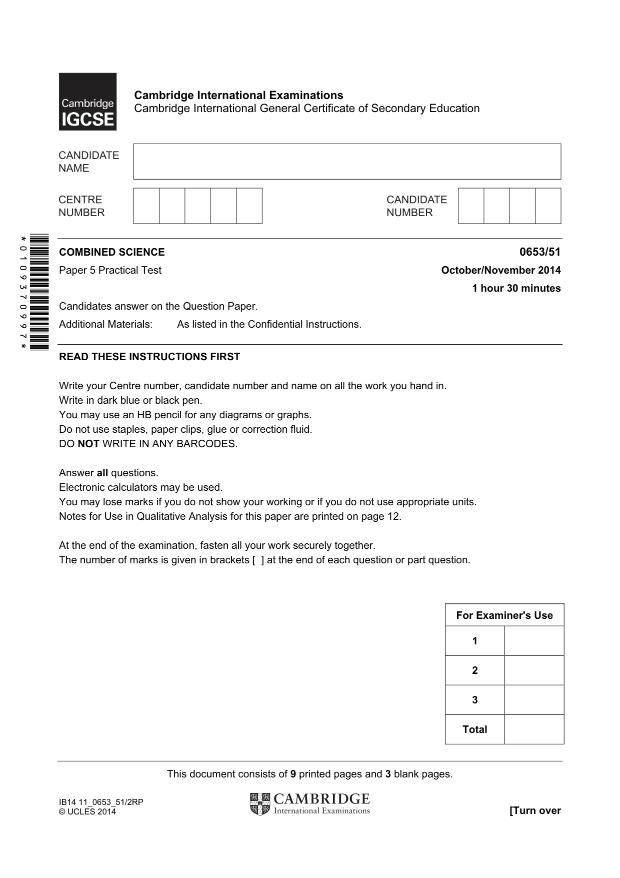 Cambridge IGCSE Science - Combined 0653 2014 Oct/Nov Paper 5 · Variant 1 question paper, page 1 of 12