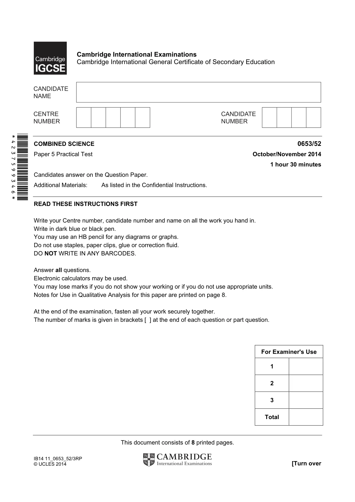 Cambridge IGCSE Science - Combined 0653 2014 Oct/Nov Paper 5 · Variant 2 question paper, page 1 of 8