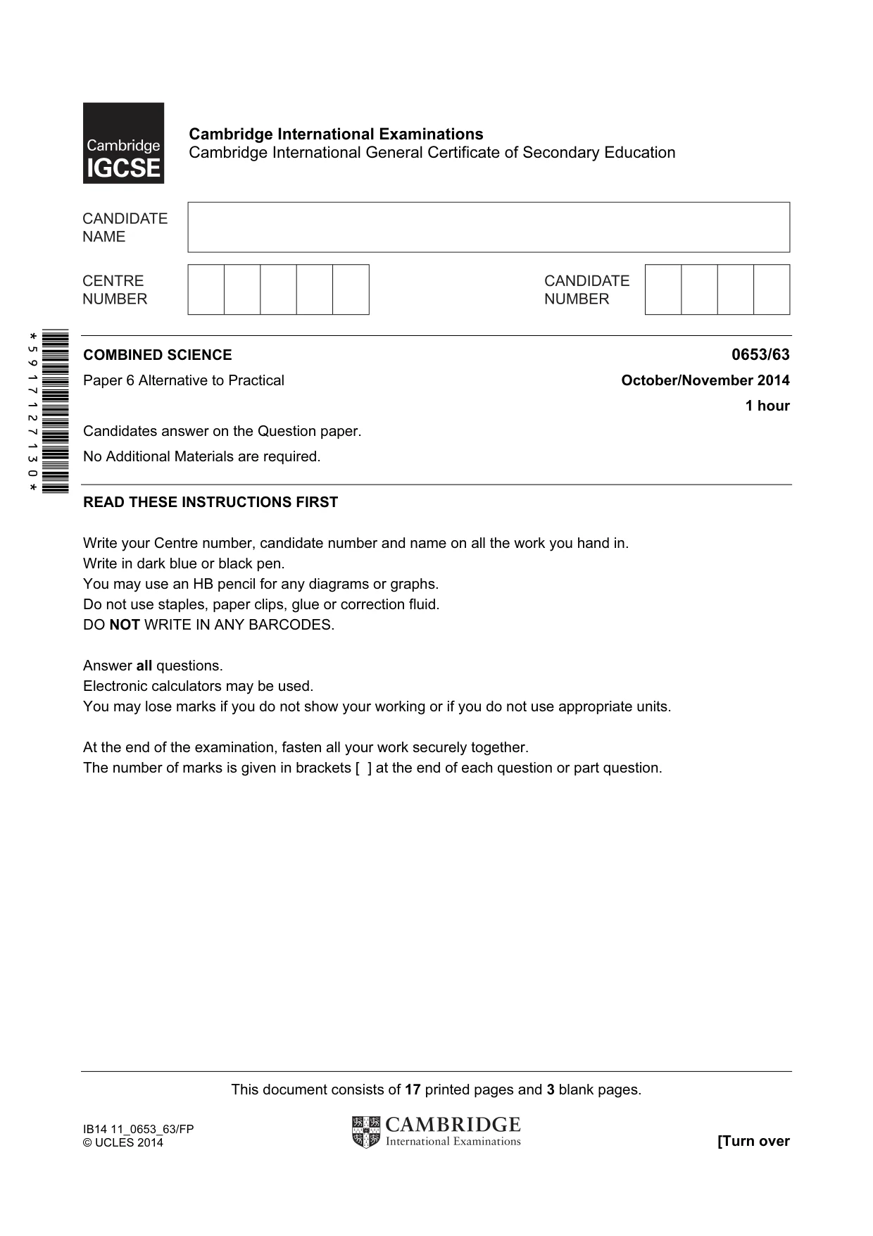 Cambridge IGCSE Science - Combined 0653 2014 Oct/Nov Paper 6 · Variant 3 question paper, page 1 of 20