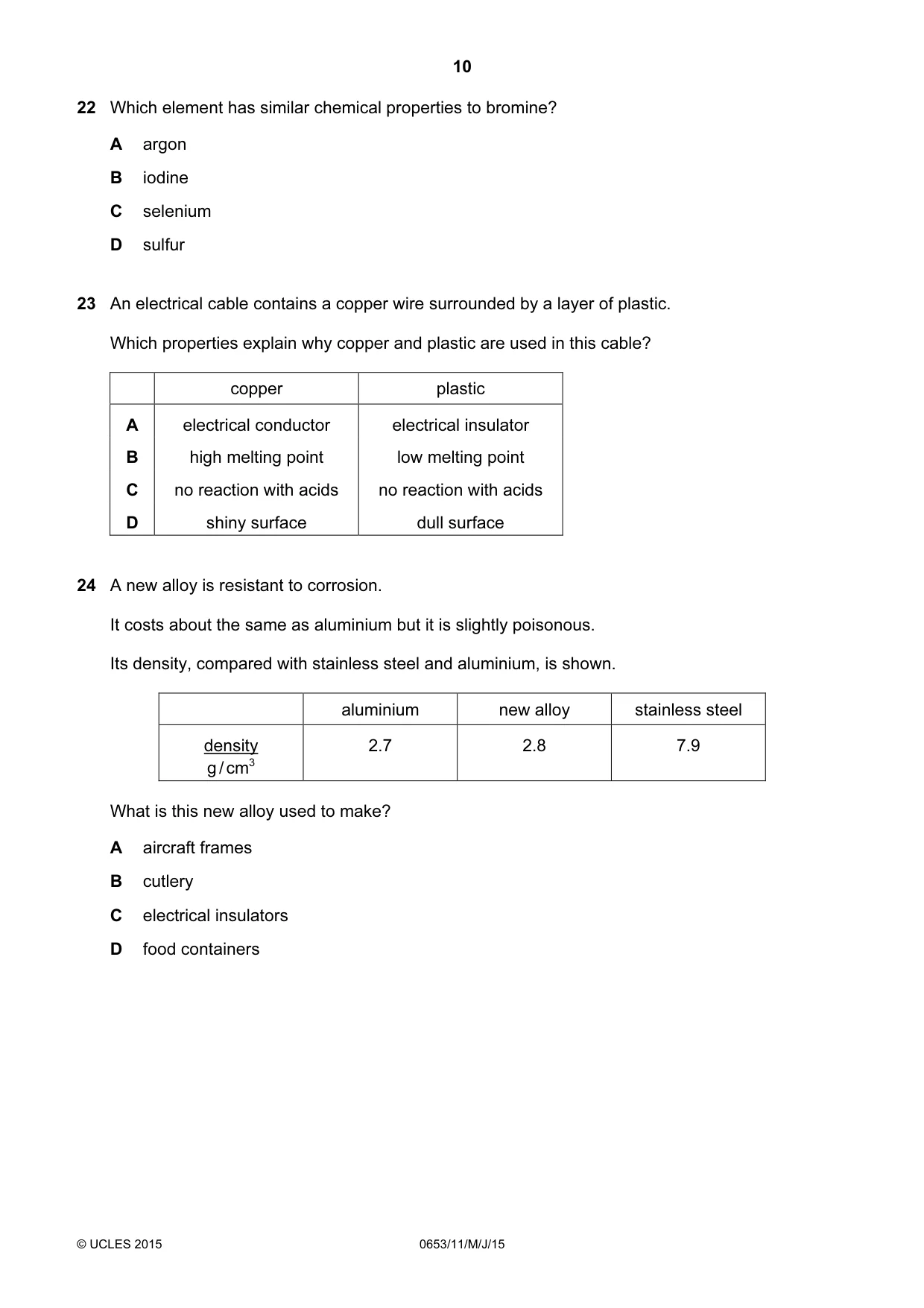 Cambridge IGCSE Science - Combined 0653 2015 May/June Paper 1 · Variant 1 question paper, page 10 of 20