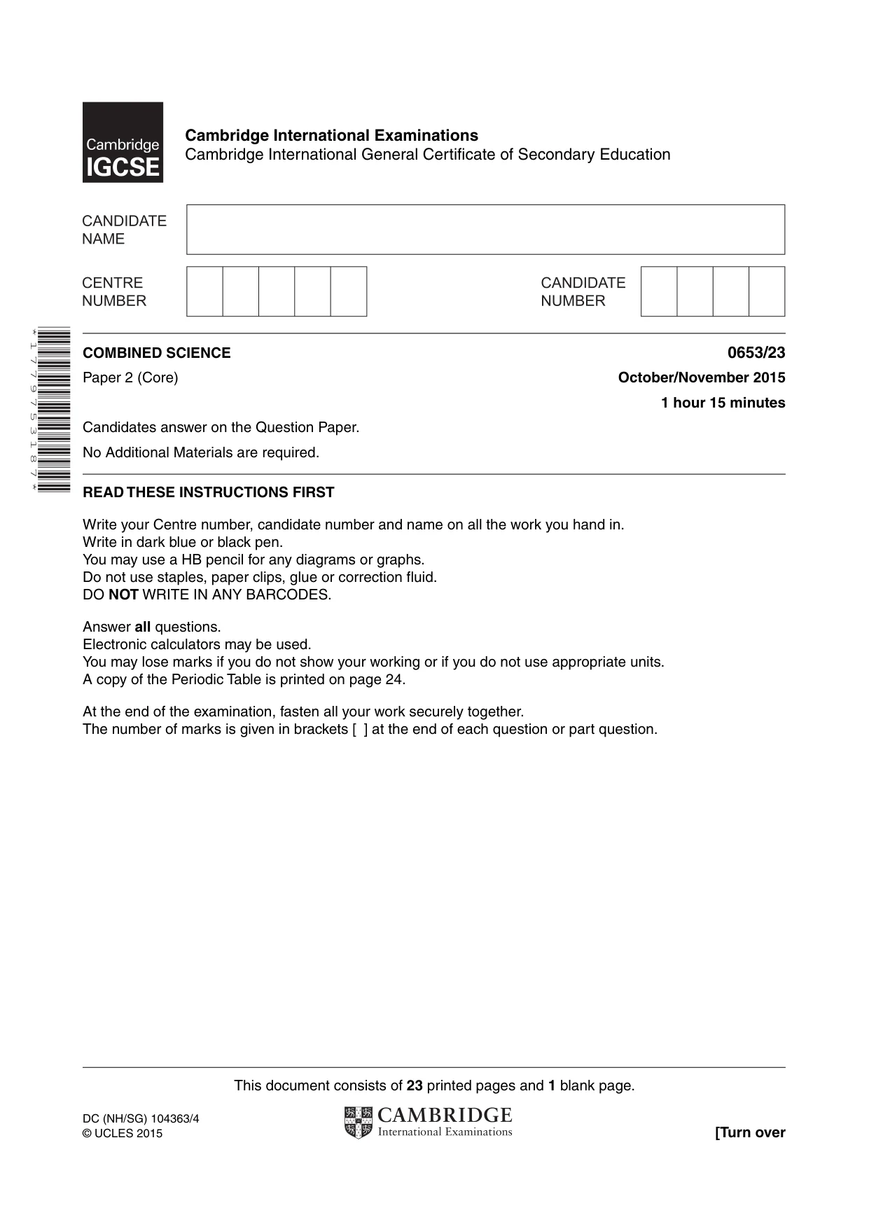 Cambridge IGCSE Science - Combined 0653 2015 Oct/Nov Paper 2 · Variant 3 question paper, page 1 of 24
