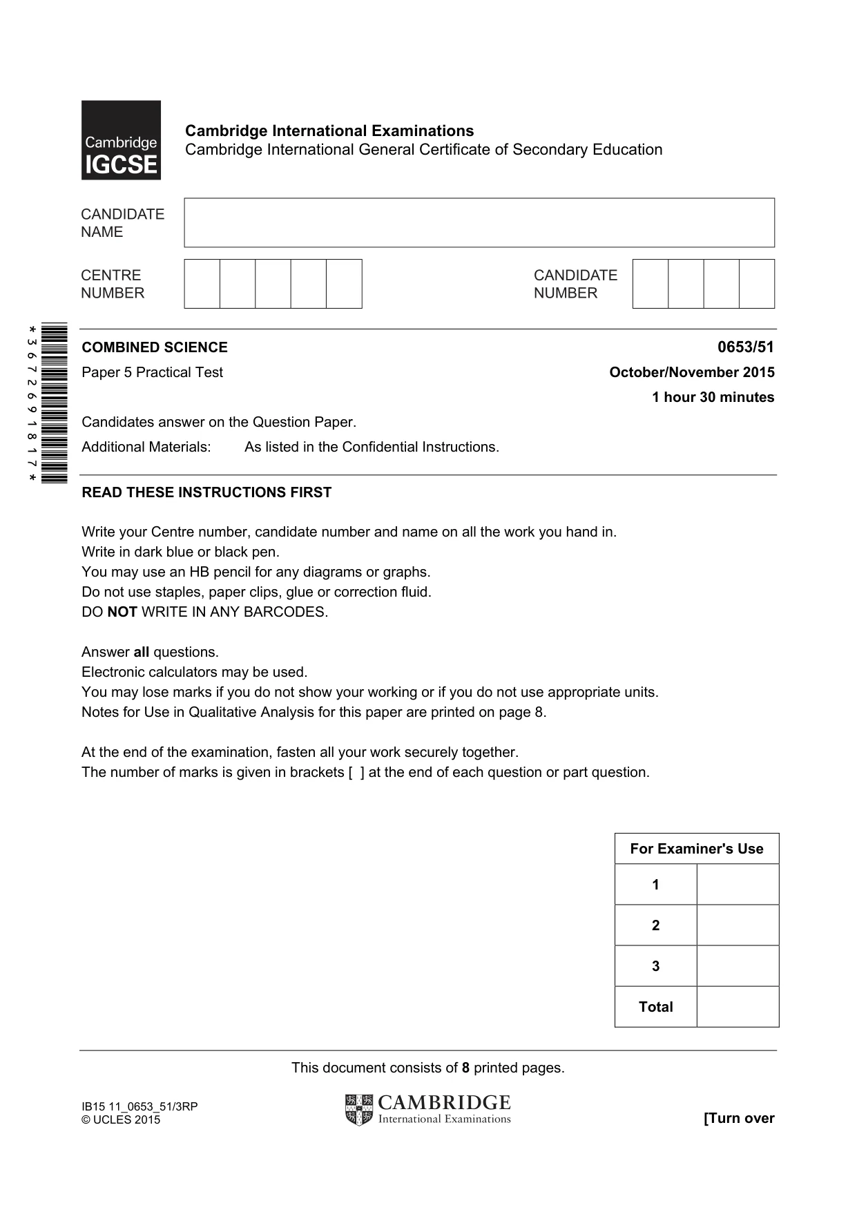 Cambridge IGCSE Science - Combined 0653 2015 Oct/Nov Paper 5 · Variant 1 question paper, page 1 of 8