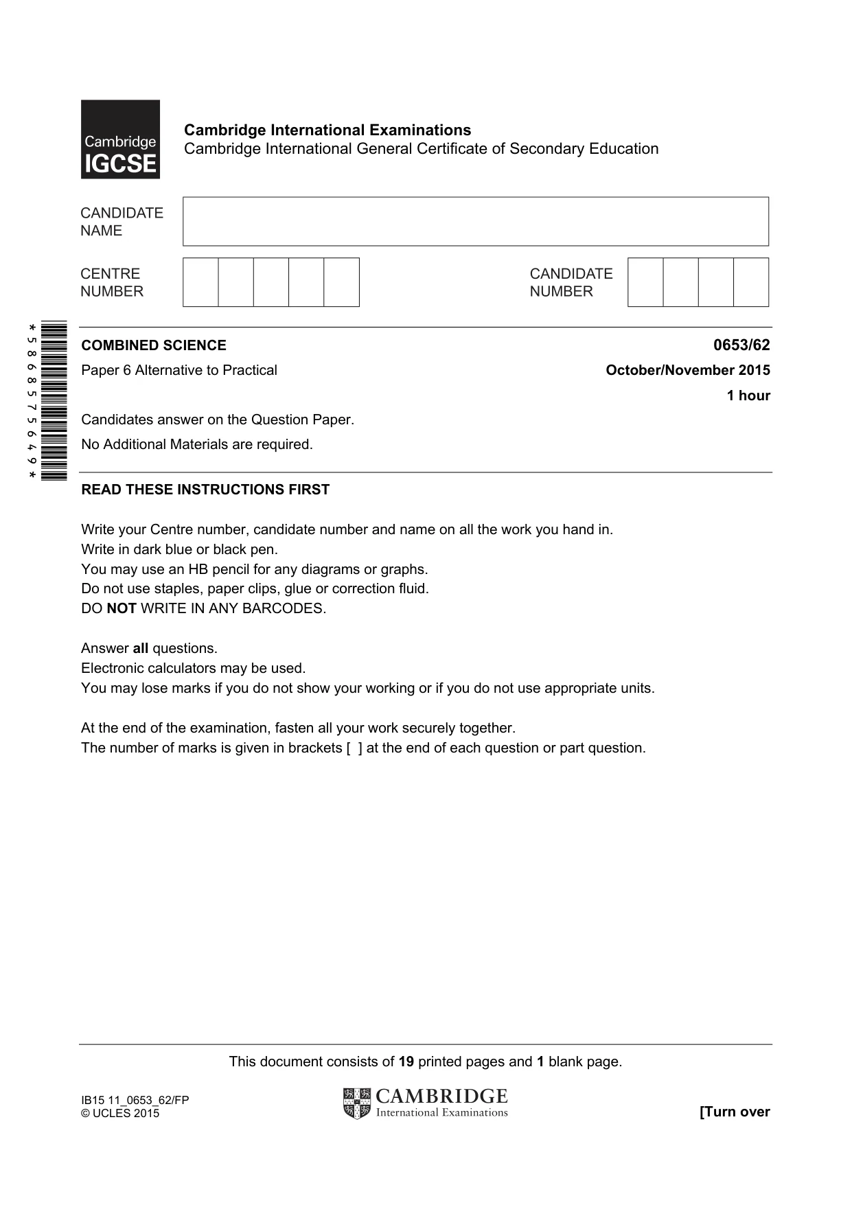 Cambridge IGCSE Science - Combined 0653 2015 Oct/Nov Paper 6 · Variant 2 question paper, page 1 of 20
