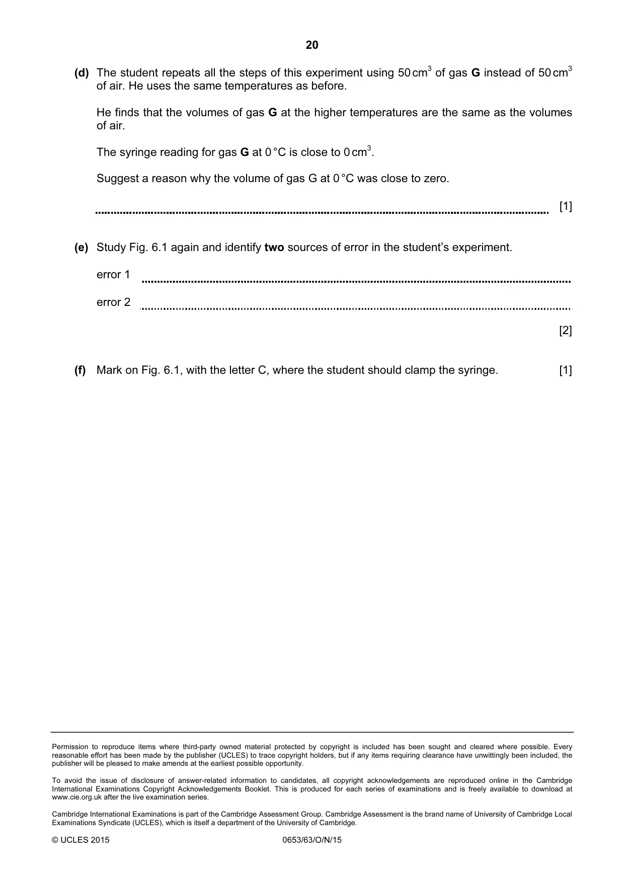 Cambridge IGCSE Science - Combined 0653 2015 Oct/Nov Paper 6 · Variant 3 question paper, page 20 of 20