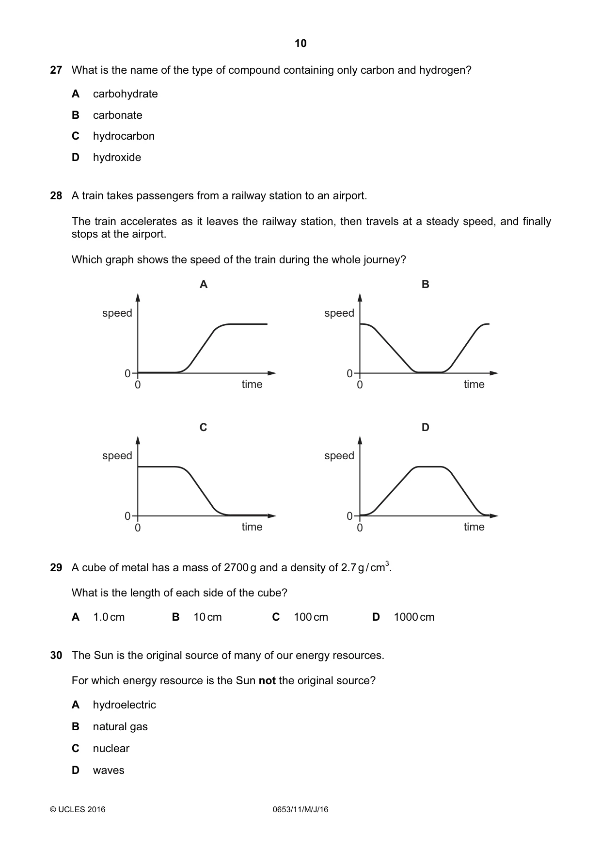 Cambridge IGCSE Science - Combined 0653 2016 May/June Paper 1 · Variant 1 question paper, page 10 of 16