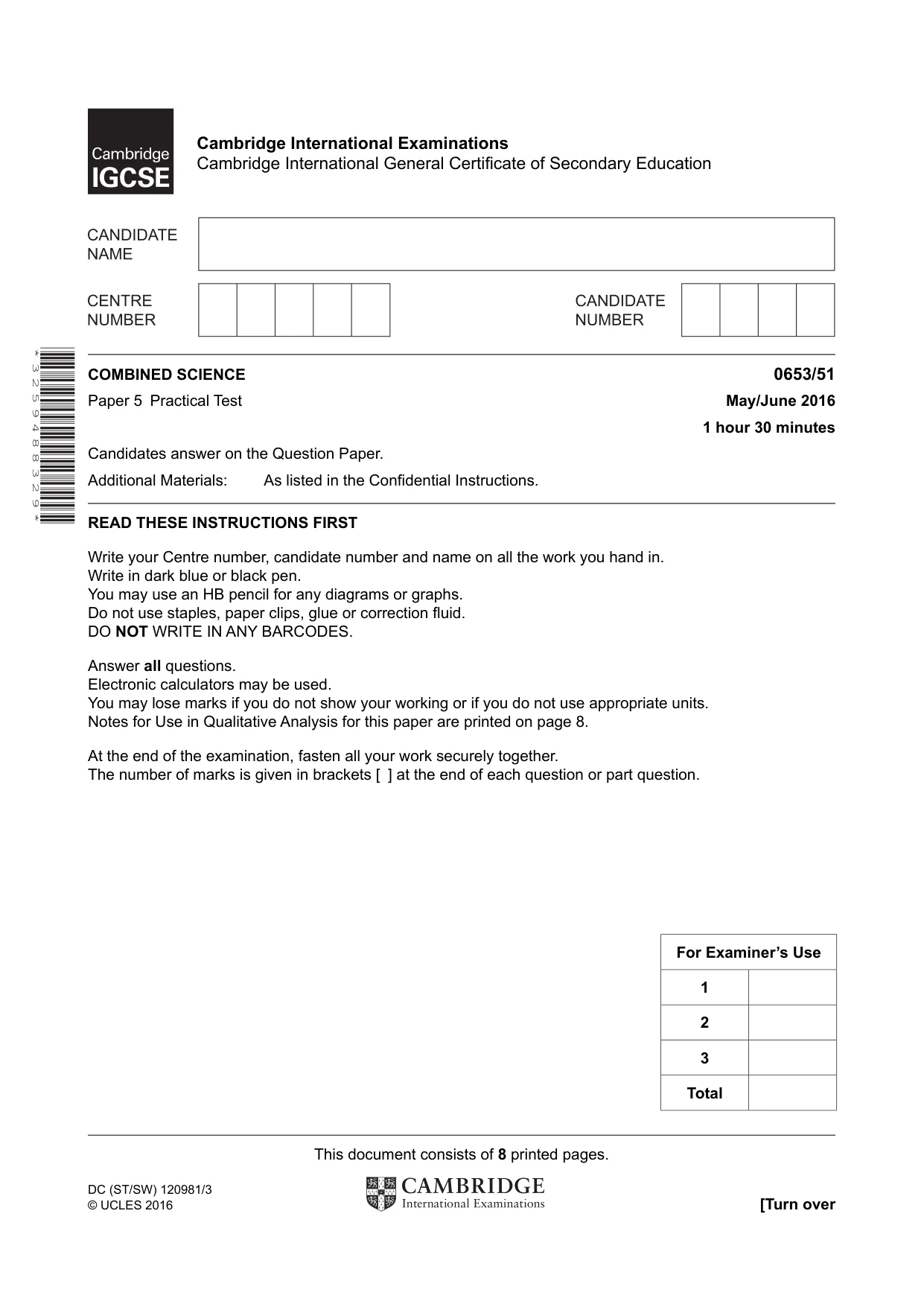 Cambridge IGCSE Science - Combined 0653 2016 May/June Paper 5 · Variant 1 question paper, page 1 of 8