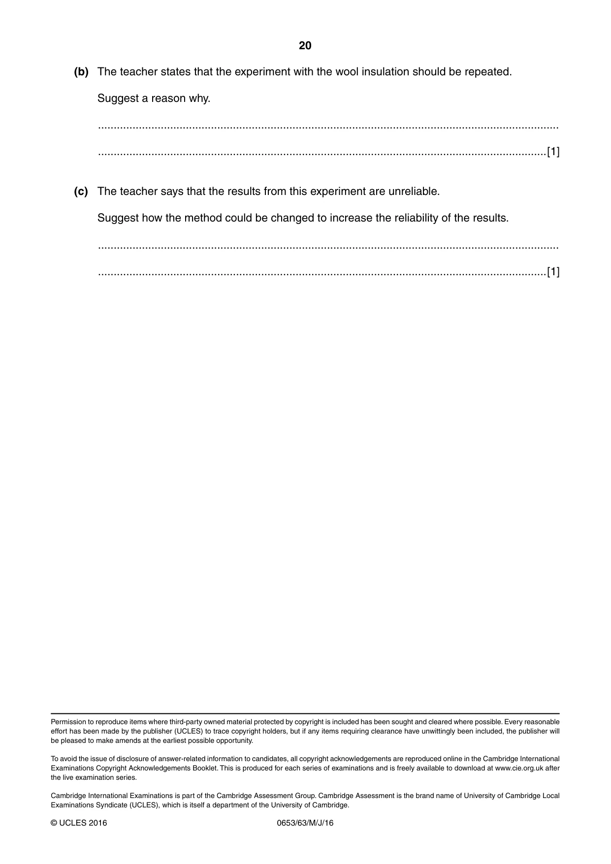 Cambridge IGCSE Science - Combined 0653 2016 May/June Paper 6 · Variant 3 question paper, page 20 of 20