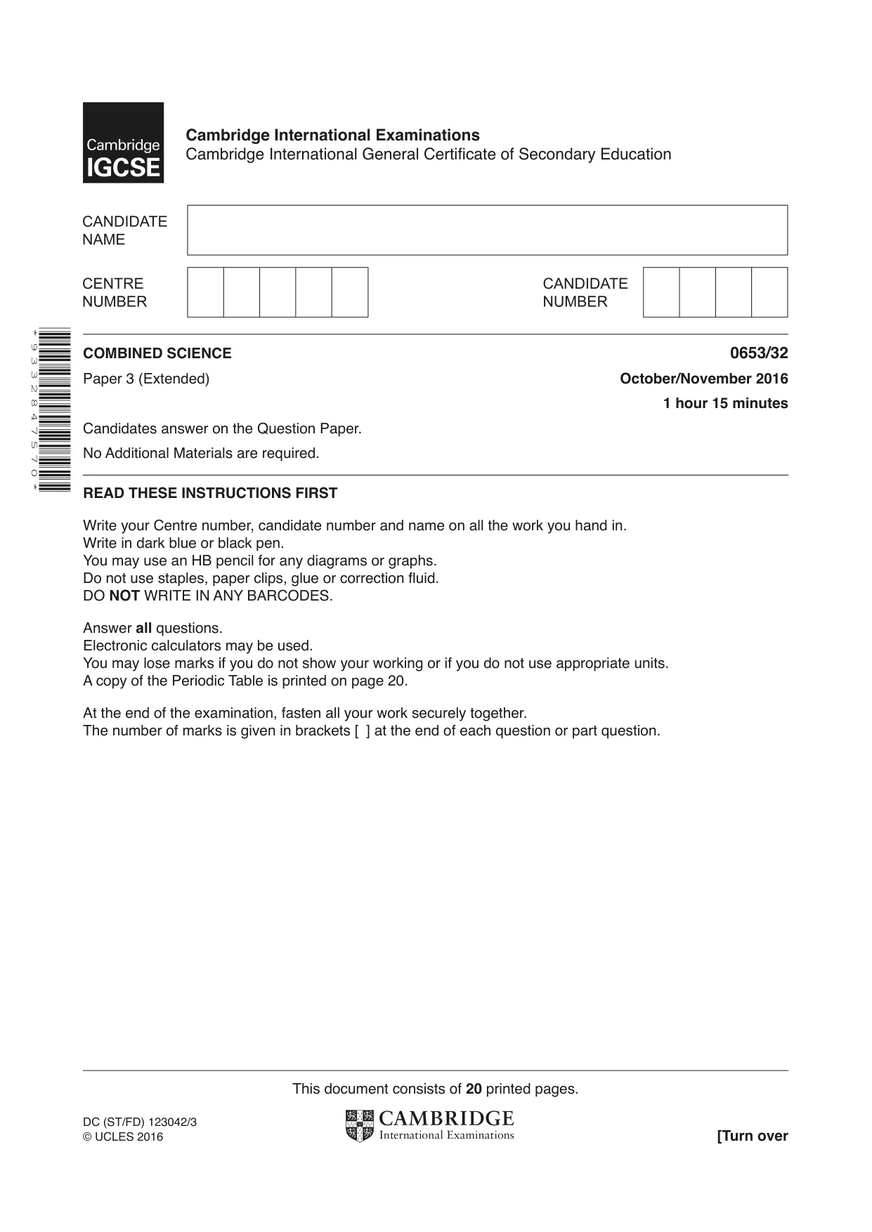 Cambridge IGCSE Science - Combined 0653 2016 Oct/Nov Paper 3 · Variant 2 question paper, page 1 of 20