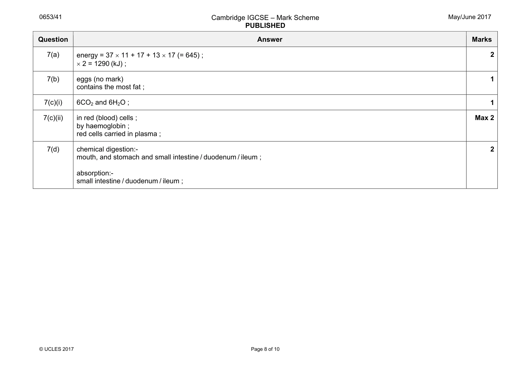 Mark scheme, page 8 of 10