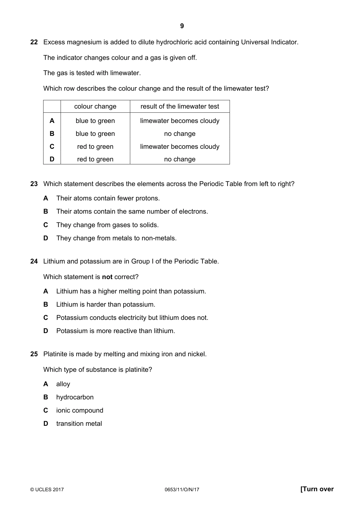 Cambridge IGCSE Science - Combined 0653 2017 Oct/Nov Paper 1 · Variant 1 question paper, page 9 of 16