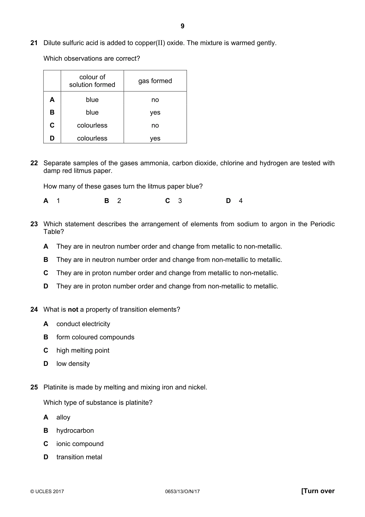 Cambridge IGCSE Science - Combined 0653 2017 Oct/Nov Paper 1 · Variant 3 question paper, page 9 of 16