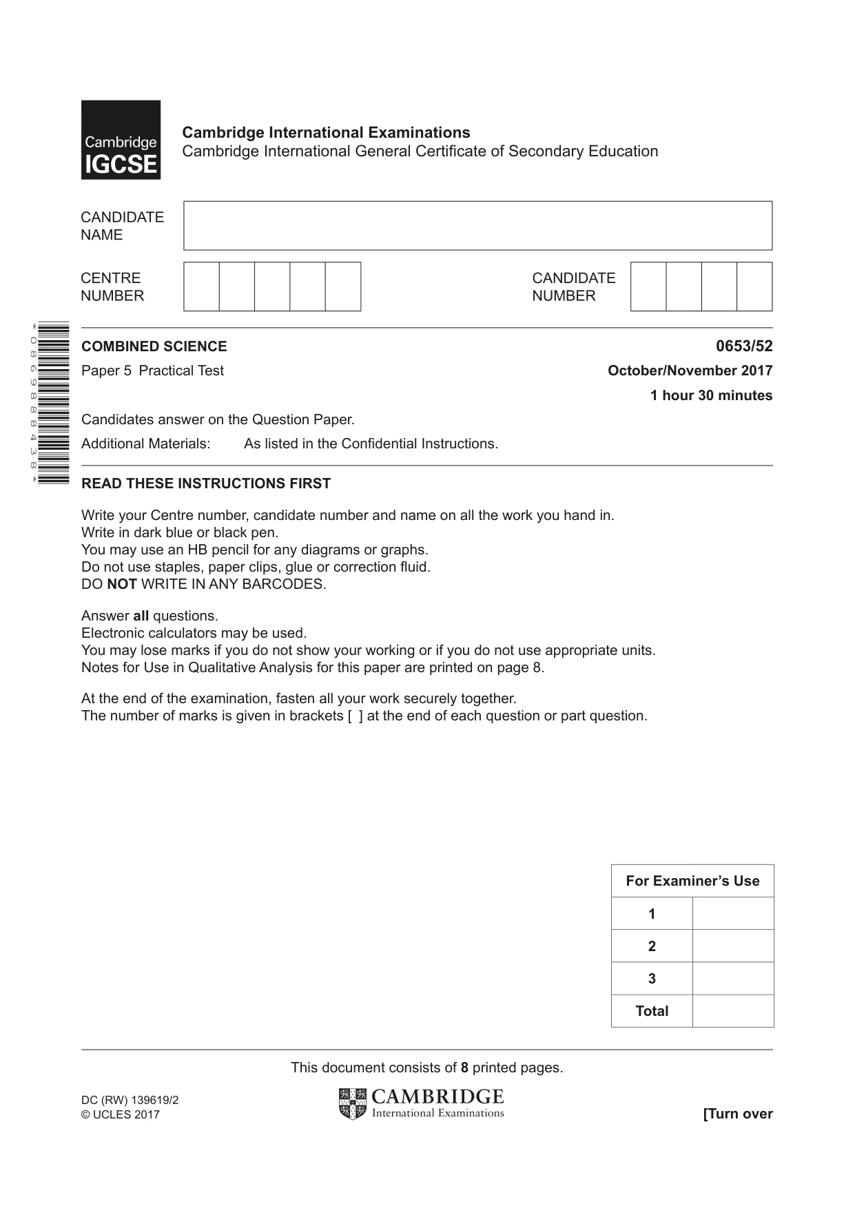 Cambridge IGCSE Science - Combined 0653 2017 Oct/Nov Paper 5 · Variant 2 question paper, page 1 of 8