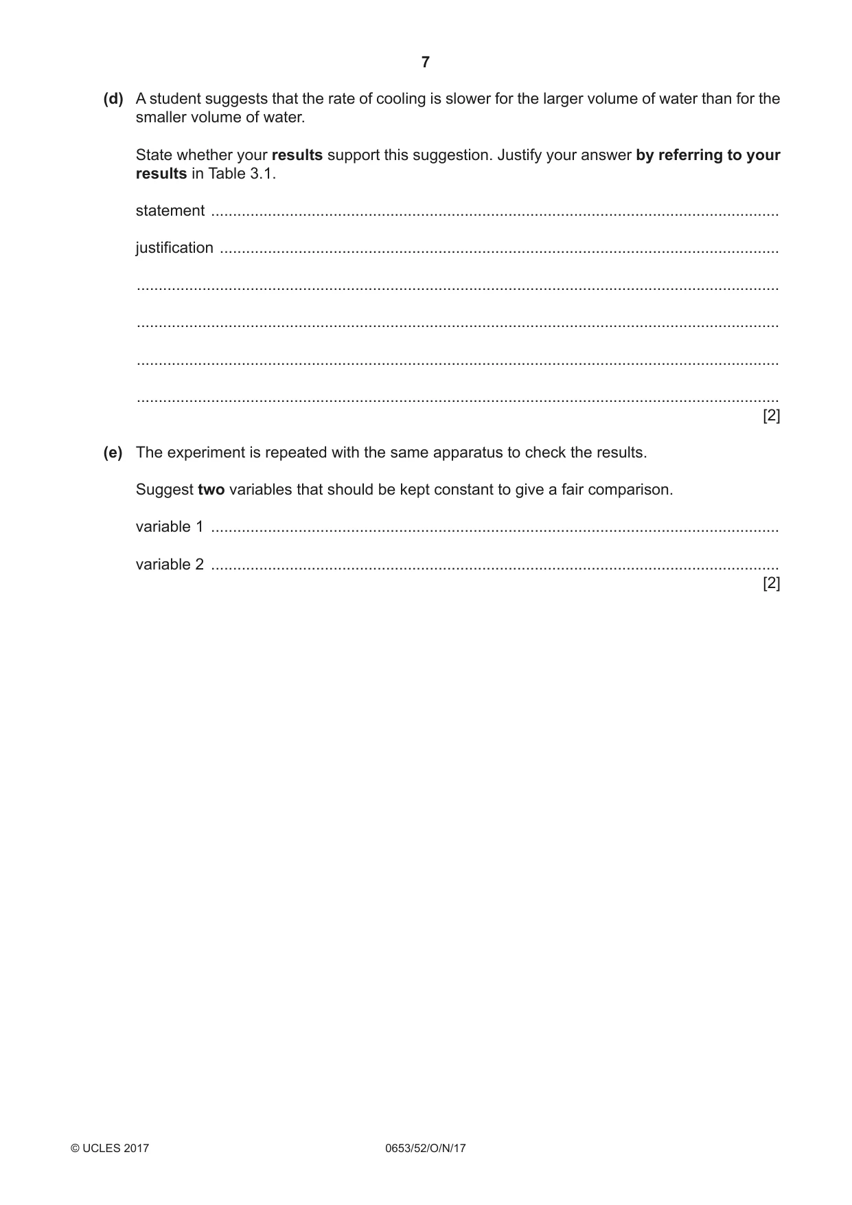 Cambridge IGCSE Science - Combined 0653 2017 Oct/Nov Paper 5 · Variant 2 question paper, page 7 of 8