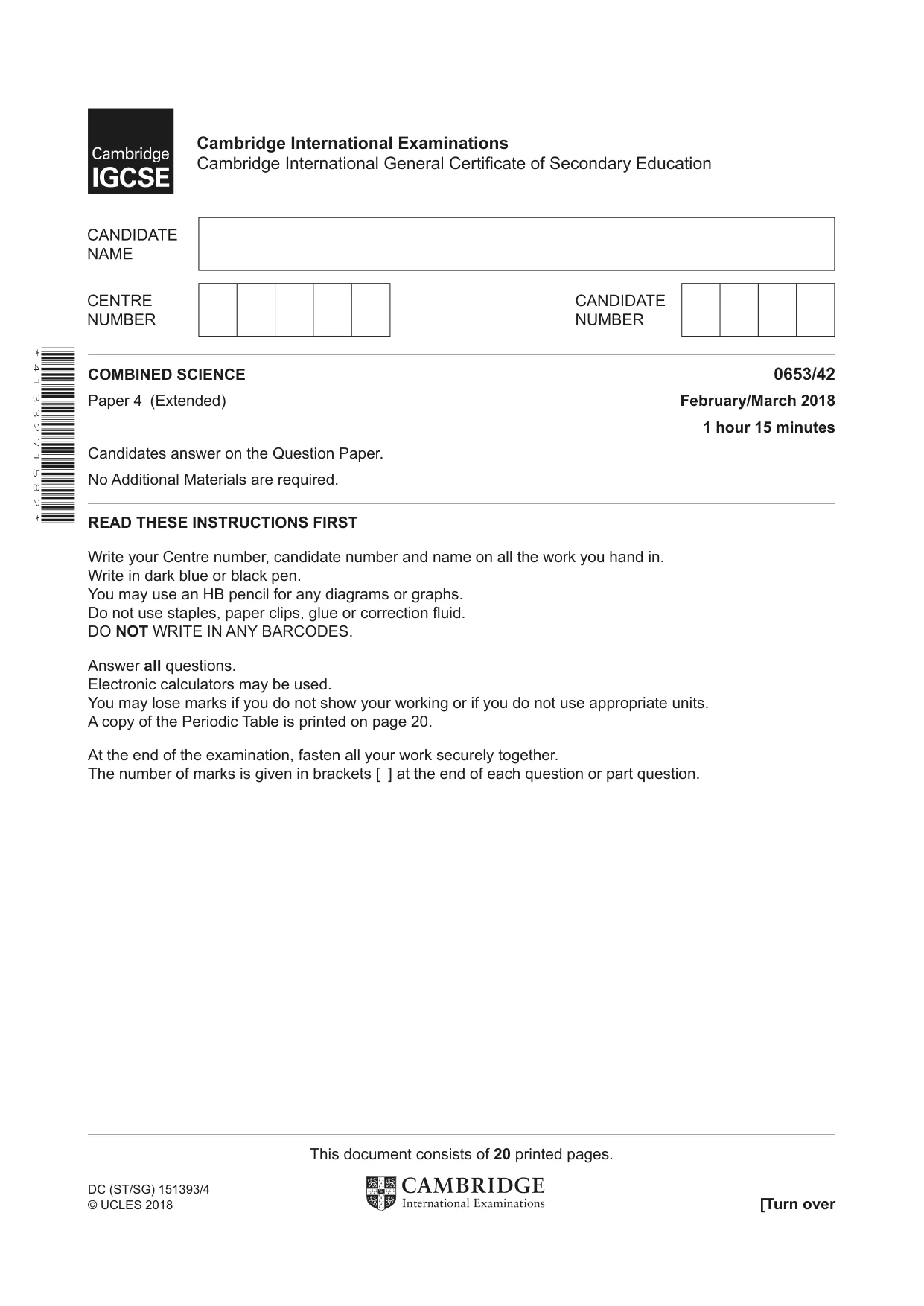 Cambridge IGCSE Science - Combined 0653 2018 Feb/March Paper 4 · Variant 2 question paper, page 1 of 20