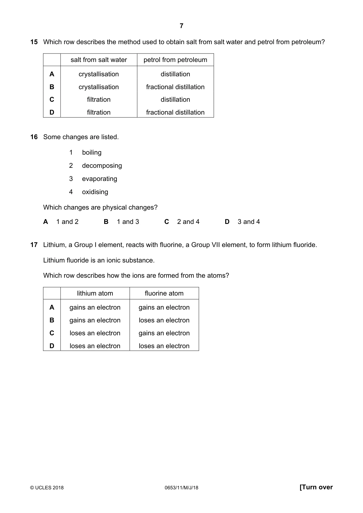 Cambridge IGCSE Science - Combined 0653 2018 May/June Paper 1 · Variant 1 question paper, page 7 of 16