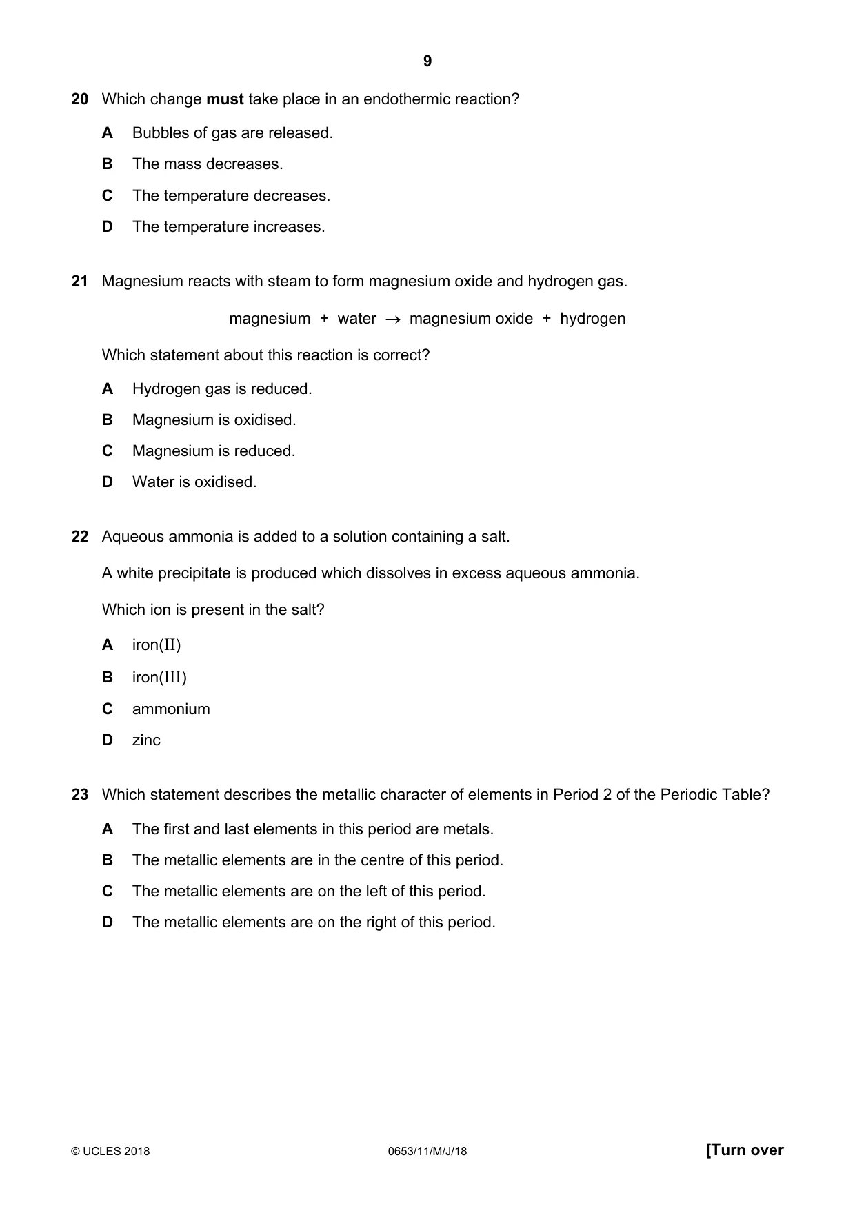 Cambridge IGCSE Science - Combined 0653 2018 May/June Paper 1 · Variant 1 question paper, page 9 of 16