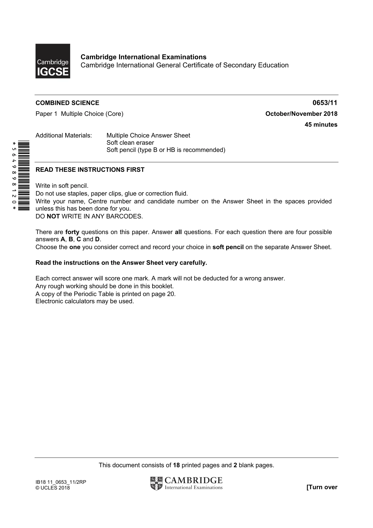 Cambridge IGCSE Science - Combined 0653 2018 Oct/Nov Paper 1 · Variant 1 question paper, page 1 of 20